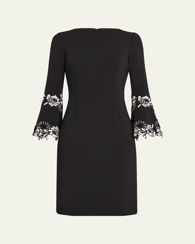 Bell-Sleeve Floral Applique Crepe Dress